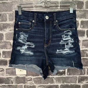 American Eagle curvy hi rise shortie jean denim shorts destroyed dark wash
